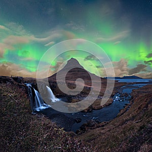 Aurora Borealis over Kirkjufell in Snaefellsnes in Iceland