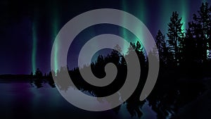 Aurora borealis over lake polar northern lights night landscape animation