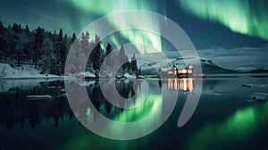 Aurora borealis over lake in winter. Northern lights. Christmas winter background