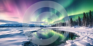 Aurora Borealis Over Snowy Nordic Mountains: Majestic Night Lights Dance in the Arctic Sky, Creating a Serene and