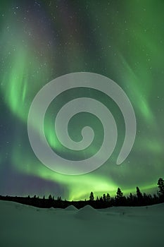 Aurora borealis over snowy winter landscape, Finnish Lapland