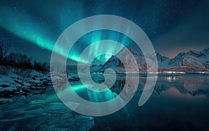 Spectacular Aurora Borealis Reflecting in Icy Fjord