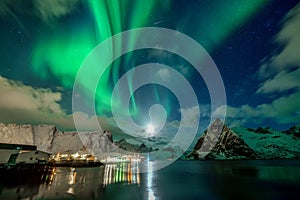 Aurora Borealis in Reine , Lofoten Archipelago, Norway in the winter time