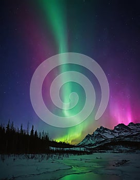Aurora borealis shining over mountain range, night sky mesmerizing dance Northern Lights