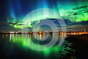 Aurora borealis in the sky in a nightshot of a city skyline photo