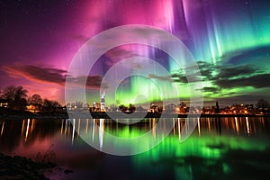 Aurora borealis in the sky in a nightshot of a city skyline photo