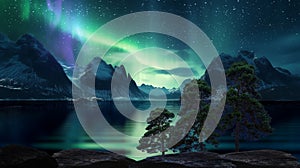 aurora borealis waterfal in lagoone and mountains waterfal and trees sea water starry sky and moon