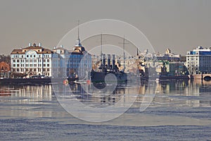 Aurora cruiser in the Neva river in Saint-Petersburg