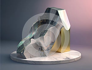 aurora of effulgent marbleized luster tumbling across a stately mountain. Podium, empty showcase for packaging product photo