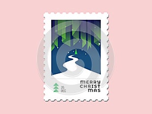 Aurora light with christmas tree and road - Christmas stamp flat design for greeting card and multi purpose - Vector illustration