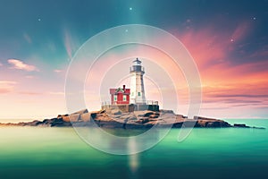 aurora lights dancing above an isolated lighthouse