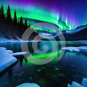 Aurora Northen polar green purple color Winter dark snowy mountain