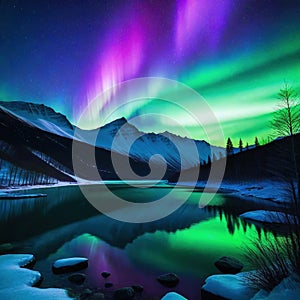 Aurora Northen polar green purple color Winter dark snowy mountain