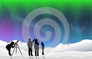 Aurora Northern Lights with Snow at Night silhouette people looking at stars