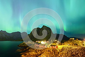 Aurora over Hamnoy village, Lofoten, Norway photo