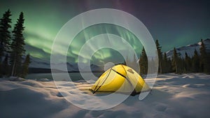 Aurora over Snow-Covered Mountain Landscape Under Starry Night Sky