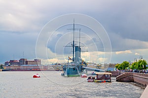 Aurora protected cruiser is museum ship moored anchored on the Neva river in Saint Petersburg Leningrad city