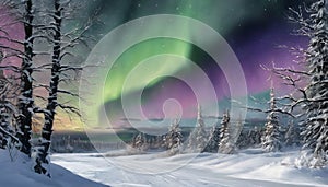 Aurora Serenade: A Mesmerizing View of the Northern Lights Over Snow-Covered Landscapes, Generative AI photo
