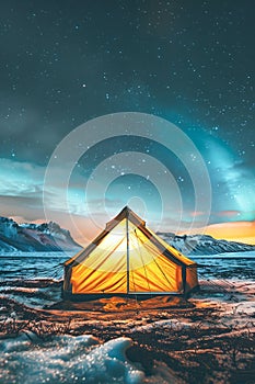 Auroras Illuminate the Winter Night Sky Above a Lone Camping Tent