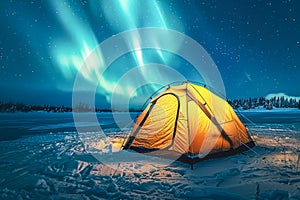 Auroras Illuminate the Winter Night Sky Above a Lone Camping Tent