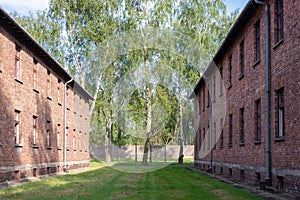 AUSCHWITZ-BIRKENAU CONCENTRATION CAMP, POLAND - JUNE, 2017: Block of houses in concentration camp in Auschwitz, Poland. It was the