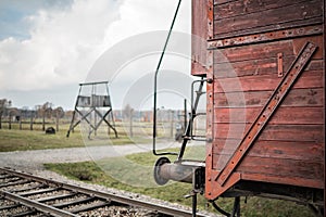 Auschwitz Birkenau II Concentration and Extermination Camp Oswiecim Poland Single red train railway carriage wooden non tracks