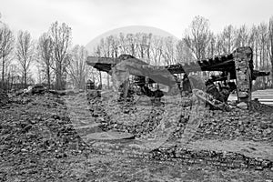 Photograph of the remains of one of the crematoria at Auschwitz German Concentration Camp, Poland