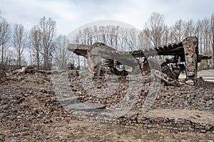 Photograph of the remains of one of the crematoria at Auschwitz German Concentration Camp, Poland