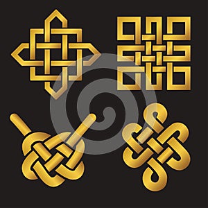 Auspicious Endless knots set.Buddhist symbol.Gold photo