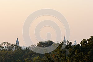 Aussicht vom Turm der Wallwitzburg Ã¼ber BÃ¤ume Richtung Dessau im Herbst