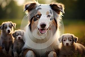 Aussie dog mom with puppies playing joyfully in green meadow