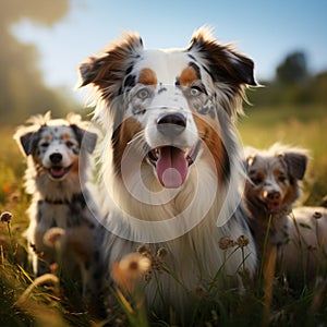 Aussie dog mom with puppies playing joyfully in green meadow