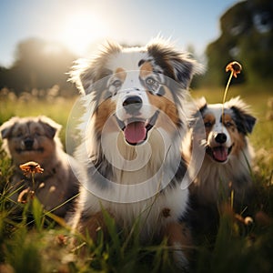 Aussie dog mom with puppies playing joyfully in green meadow