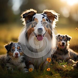 Aussie dog mom with puppies playing joyfully in green meadow