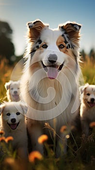 Aussie dog mom with puppies playing joyfully in green meadow