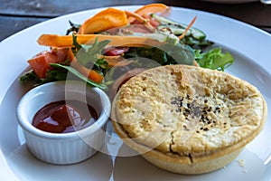 Aussie pie with sauce and salad