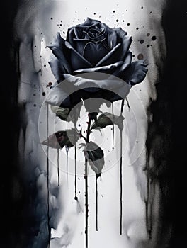 An austere stilllife painting of a single black rose a single drop of dripping off of its petals. Gothic art. AI