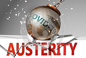 Austerity and coronavirus, symbolized by the virus destroying word Austerity to picture that covid-19  affects Austerity and leads