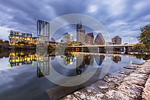 Austin downtown skyline by the river at night, Texas