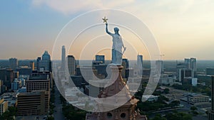 Austin, Goddess of Liberty Statue - Full Flyby, Texas State Capitol, Aerial View