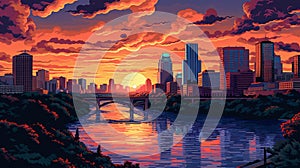 Austin Sunset In 1810s: A Pixel Art Illustration