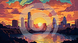 Austin Sunset In 1810s: A Pixel Art Illustration