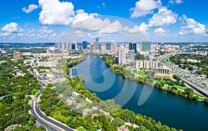 Austin Texas aerial drone view green landscape summer puffy clouds