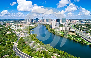 Austin Texas aerial drone view green landscape summer puffy clouds photo