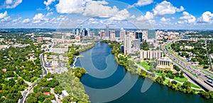 Austin Texas aerial drone view green landscape summer puffy clouds panoramic panorama