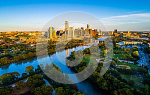 Austin Texas aerial drone view Sunset golden hour over Y shaped River Cityscape view photo