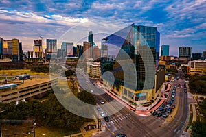 Austin Texas aerial drone wide panoramic view of Cityscape with evening colors