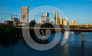 Austin Texas Growing City with Cranes Sunset Golden Hour relfections