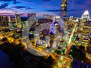 Austin Texas Night time Cityscape Over Downtown Skyscrapers