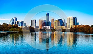 Austin Texas Reflections of a Blue Town Lake and Sunset Skyline at the Pedestrian Bridge on a gorgeous clear sky sunny afternoon photo